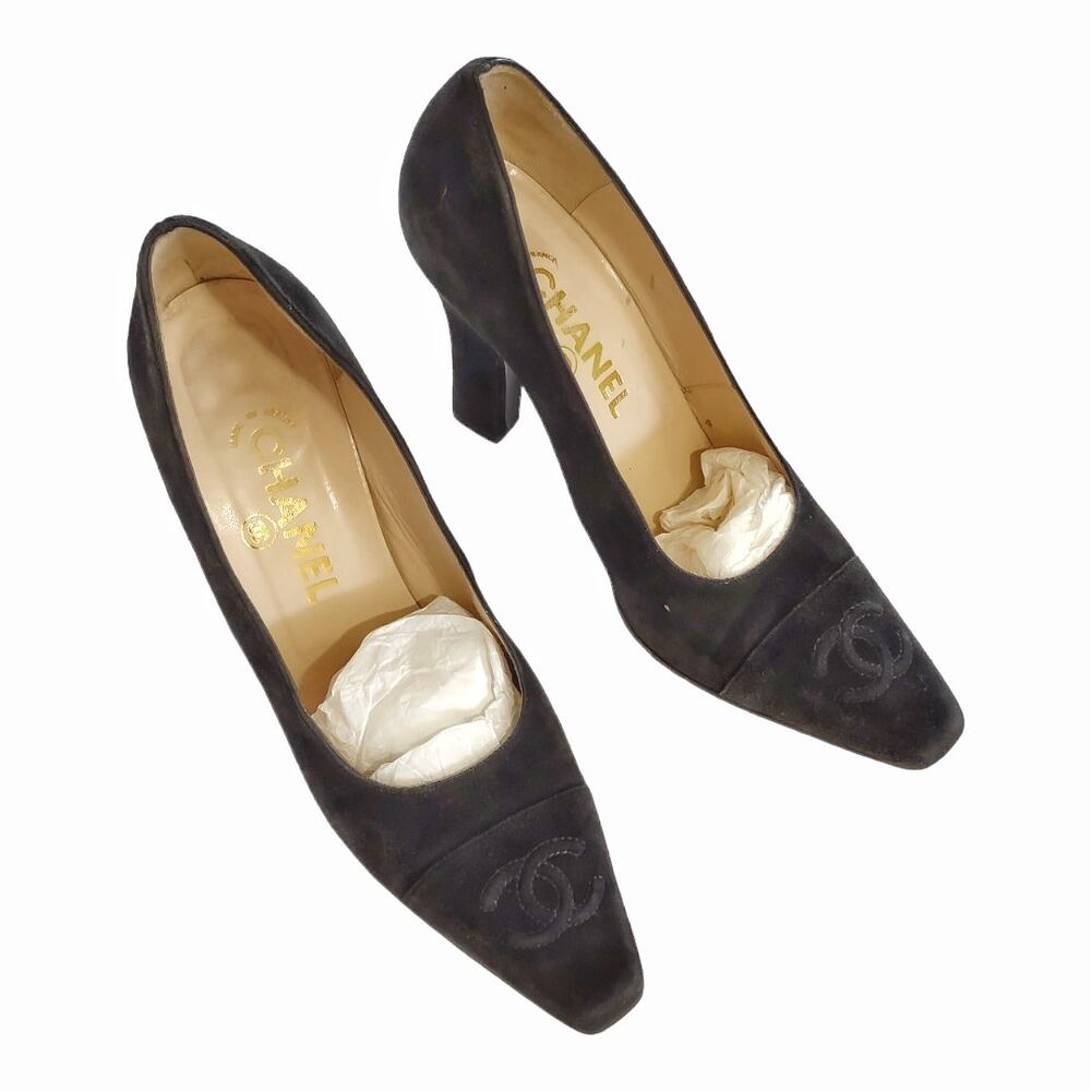 CHANEL Black Suede High Heel Pumps US size 9 Squared Heel EU Size 39.5 Luxury